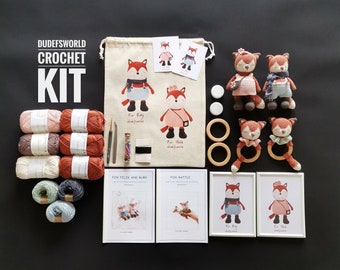 CROCHET KIT Fox Felix et Ruby et hochet renard avec motif imprimé, Kit Amigurumi, Comment Kit Amigurumi avec Tutoriel