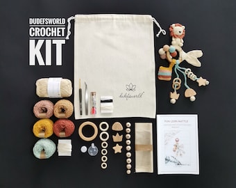 Kit de sonajero de león a crochet, amigurumi con patrón estampado