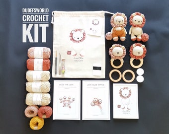 Kit de amigurumi de ganchillo, Ollie el león y el sonajero, manualidad DIY con patrón impreso