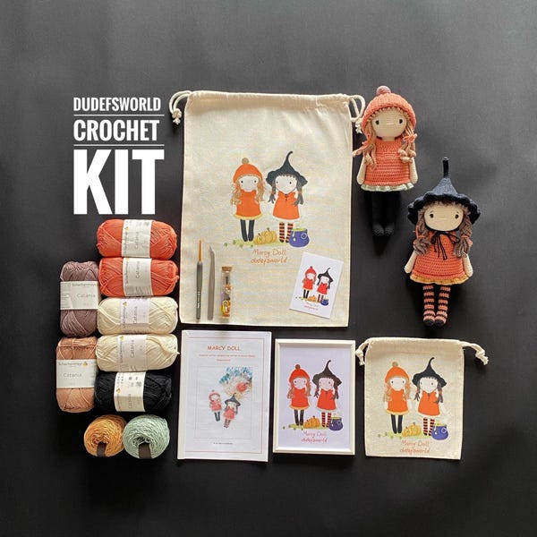 Marcy Doll Crochet Kit with Printed Pattern, Amigurumi DIY Kit (Makes Two)