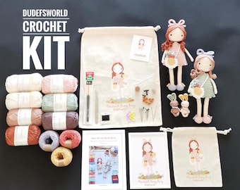 CROCHET KIT: Mina Doll and Bunny Berry with Printed Pattern ,Amigurumi Kit