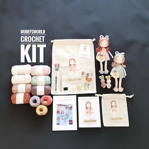 KIT DE GANCHILLO Muñeca Mina y Conejito Berry con Patrón Estampado, Kit Amigurumi, Kit Cómo Hacer Amigurumi con Tutorial