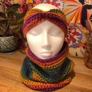 Crochet rainbow knitted snood, scarf, cowl, matching ear warmer available any colour, gift, Mother’s Day, birthday Christmas