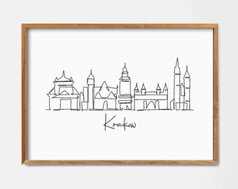 Impressão de pôster de viagem com o horizonte de Cracóvia: arte minimalista de desenho de linha única (download digital)