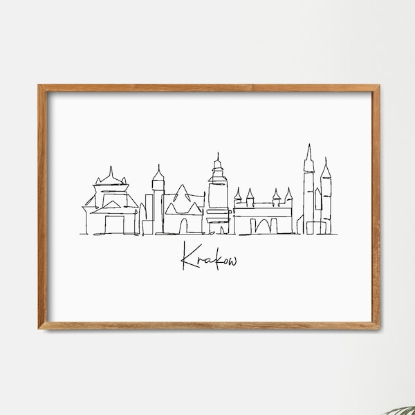 One Line Kraków Skyline Printable, Fine Line Print, Krakow Doodle City, Minimalist Art, Modern Line Art, Black White Print, Wall Print Art