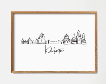 Stampa del paesaggio urbano di Calcutta: skyline minimalista disegnato su una linea (download digitale)