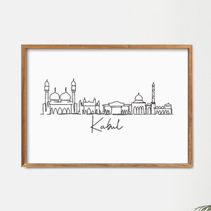 Paisaje urbano de Kabul imprimible, minimalista de una línea dibujo Skyline impresión, Doodle City Print, arte de línea moderna, arte de decoración de pared, doodle dibujar impresión