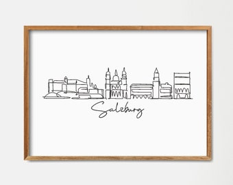 Stampa artistica con disegno a linea singola dello skyline di Salisburgo: poster minimalista di un punto di riferimento (download digitale)