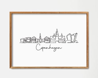 Arte imprimible del horizonte de Copenhague, impresión de un dibujo de una línea, decoración de la pared minimalista, arte de la línea moderna, cartel digital, decoración del hogar, cartel de la ciudad del doodle