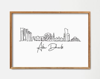 Stampa artistica con disegno a linea singola dello skyline di Abu Dhabi: arredamento minimalista per la casa in stile scandinavo (download digitale)
