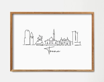 Poster artistico con disegno a tratteggio dello skyline di Tirana: paesaggio urbano minimalista (download digitale)
