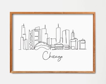 One Line Chicago City Skyline Print, Boho Art, Retro Art, Minimalist Printable Wall Art, Neutral Art, Modern Line Art, Landmark Poster Print