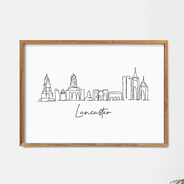Printable Lancaster, England Cityscape, Minimalist One Line Draw Skyline Print, Lancashire Poster, Modern Line Art Wall Decor, Doodle Draw