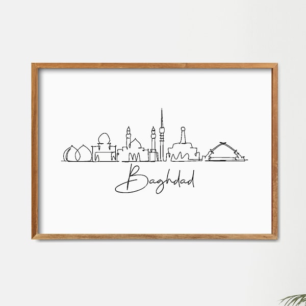 Impression sur les toits de la ville de Bagdad : affiche d'art minimaliste en une ligne (téléchargement numérique)