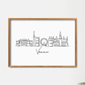 Decoração de parede para impressão do horizonte de Viena, impressão de linhas finas, arte de parede minimalista, arte moderna de uma linha, arte de pôster de ponto de referência, impressão de arranha-céu da cidade