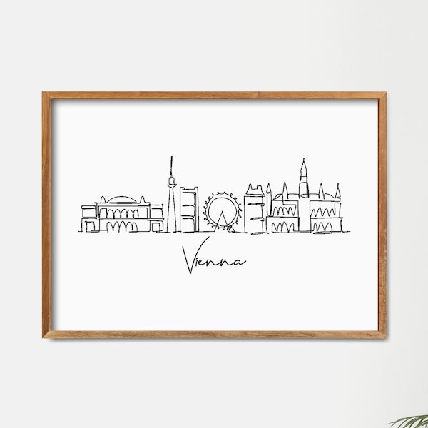 Wiener Skyline druckbare Wand-Dekor, fine Line Print, minimalistische Wandkunst, moderne Eine Linie Kunst, Wahrzeichen Posterkunst, Stadt Wolkenkratzer Druck