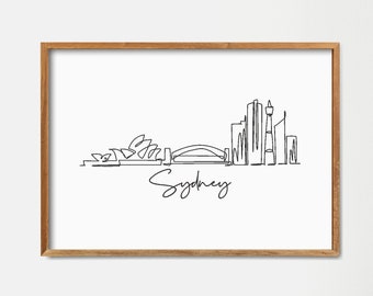 Sydney City Skyline Fortlaufende Linie Zeichnen Kunstdruck: Minimalistisches Wahrzeichen Poster (Digitaler Download)