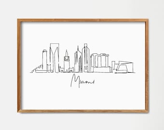 Stampa artistica con disegno a linea continua dello skyline di Miami: poster minimalista di un punto di riferimento (download digitale)