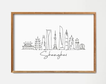 One Line Shanghai Skyline Printable, Fine Line Art Print, Doodle City, Minimalist Art, Modern Line Art, Black White Print, Wall Decor Print