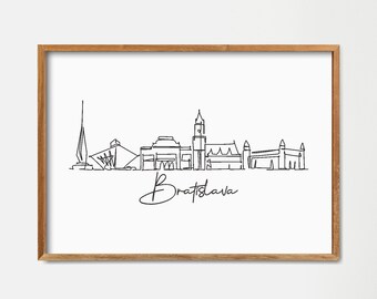 Stampa artistica con disegno a linee continue dello skyline di Bratislava: paesaggio urbano minimalista (download digitale)