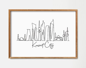 Kuwait City Skyline Wall Decor Print: Minimalist Single Line Draw Art (Digital Download)