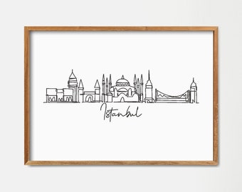 May include: A framed black and white line drawing of the Istanbul skyline. The drawing includes the Hagia Sophia, the Blue Mosque, and the Galata Tower. The text "Istanbul" is written below the skyline.
