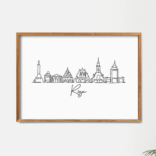 Printable Riga City Cityscape, Minimalist One Line Drawing Skyline Print, Doodle City Art Print, Modern Line Art Wall Decor, Doodle Draw Art