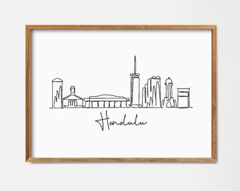 Honolulu Skyline One Line Drawing Art Print: Minimalist Black and White Poster (Digital Download)