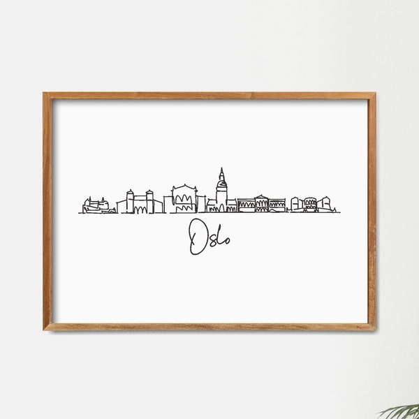 Printable Oslo Cityscape, Minimalist One Line Drawing Skyline Print, Travel Poster, Modern Line Art, Wall Decor Art Print, Doodle Draw Print