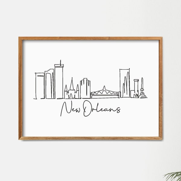 Paisaje urbano de Nueva Orleans imprimible, minimalista de una línea dibujo Skyline impresión, Doodle City Art Print, Modern Line Art Wall Decor, Doodle Draw