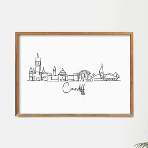 Eine Linie Cardiff Skyline druckbare, fine Line Print, Cardiff Doodle City, minimalistische Kunst, moderne Linie Kunst, schwarz weiß Druck, Wanddruck Kunst
