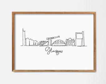Poster di viaggio con lo skyline di Glasgow: disegno minimalista a linee continue (download digitale)