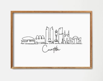 Stampa artistica con disegno a linea continua dello skyline di Curitiba: arredamento minimalista per la casa (download digitale)