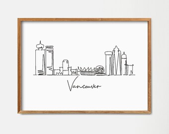 Impresión artística de un dibujo de una sola línea del horizonte de Vancouver: Paisaje urbano minimalista (descarga digital)