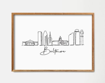 Stampa artistica dello skyline di Baltimora: poster minimalista con disegno a linee continue da viaggio (download digitale)