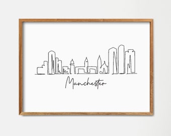 Afdrukbaar Manchester, New Hampshire, Minimalistische One Line Tekening Skyline Print, Travel Poster Art, Modern Line Art, Wall Decor, Doodle Draw