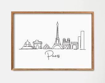 Printable Paris Skyline Wall Decor, Fine One Line Print, Minimalist Art, Modern Line Art, Doodle City, Digital Download, City Line Drawing