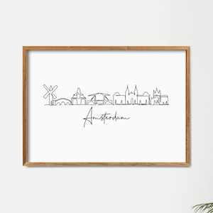 Printable Amsterdam City Cityscape, Minimalist One Line Drawing Skyline Print, Doodle City, Modern Line Art Wall Decor, Doodle Draw Print