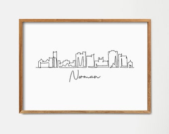 Poster con lo skyline di Norman, Oklahoma: disegno minimalista a linee continue (download digitale)