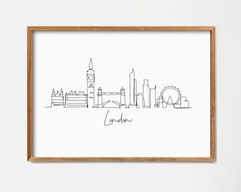 London Skyline Printable Wall Decor, Fine Line Print, Minimalist Wall Art, Modern One Line Art, Landmark Poster Art, City Skyscraper Poster