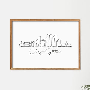 College Station, Texas Skyline Wall Decor Print Art, Fine Line Print, Minimalist Modern One Line Art, Landmark Poster Print, City Skyscraper