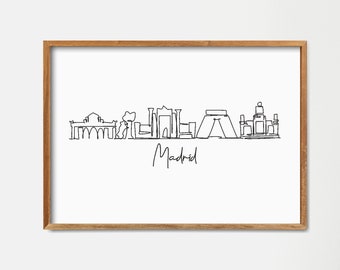 Madrid Skyline Fine Continuous Line Drawing Art Print: Minimalist Skyscraper Poster (Digital Download)