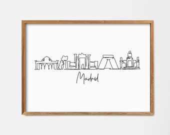 Madrid Skyline druckbare Wand-Dekor, fine Line Print, minimalistische Wandkunst, moderne Eine Linie Kunst, Wahrzeichen PosterKunst, Stadt Wolkenkratzer Poster