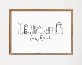 One Line Long Beach Skyline Printable, Fine Line Print, Doodle City, Minimalist Art, Modern Line Art, Black White Print, Wall Print Poster