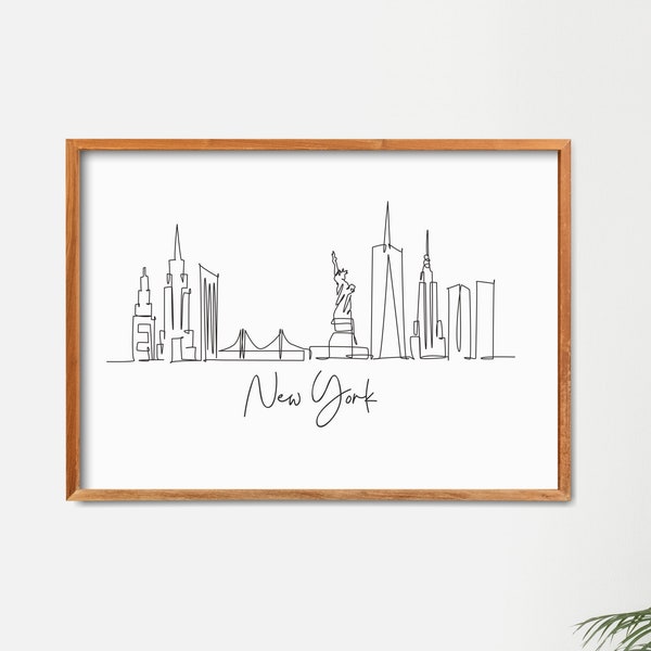 Printable New York City Cityscape, Minimalist One Line Drawing Skyline Print, New York Poster, Modern Line Art Wall Decor, Doodle Draw