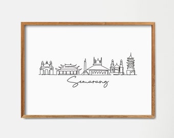 Stampa artistica con disegno a linee continue dello skyline di Semarang: punto di riferimento minimalista mondiale (download digitale)