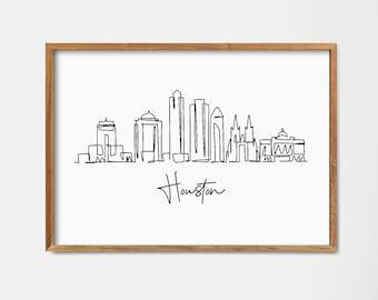 Stampa artistica con disegno a linea singola dello skyline di Houston: decorazione murale retrò minimalista (download digitale)
