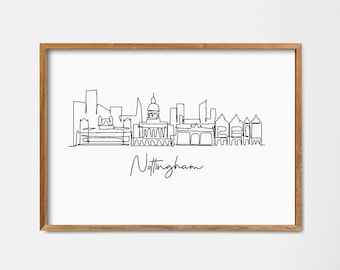 Stampa artistica con disegno a tratteggio dello skyline di Nottingham: poster minimalista in bianco e nero (download digitale)