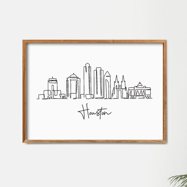 One Line Houston Skyline Printable, Fine Line Print, Retro Art, Minimalist Art, Modern Line Art, World Landmark Poster, Print Wall Decor Art