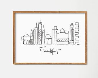 Stampa dello skyline di Francoforte: disegno minimalista a linee continue, punto di riferimento mondiale (download digitale)